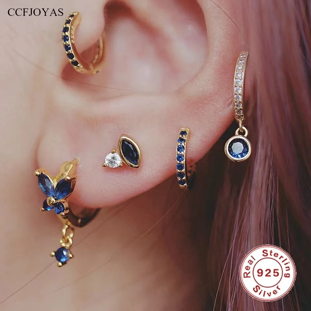 

CCFJOYAS High Quality Dark Blue Zircon 925 Sterling Silver Earrings for Women 18k Gold Plated Earrings Set Gift for Friend