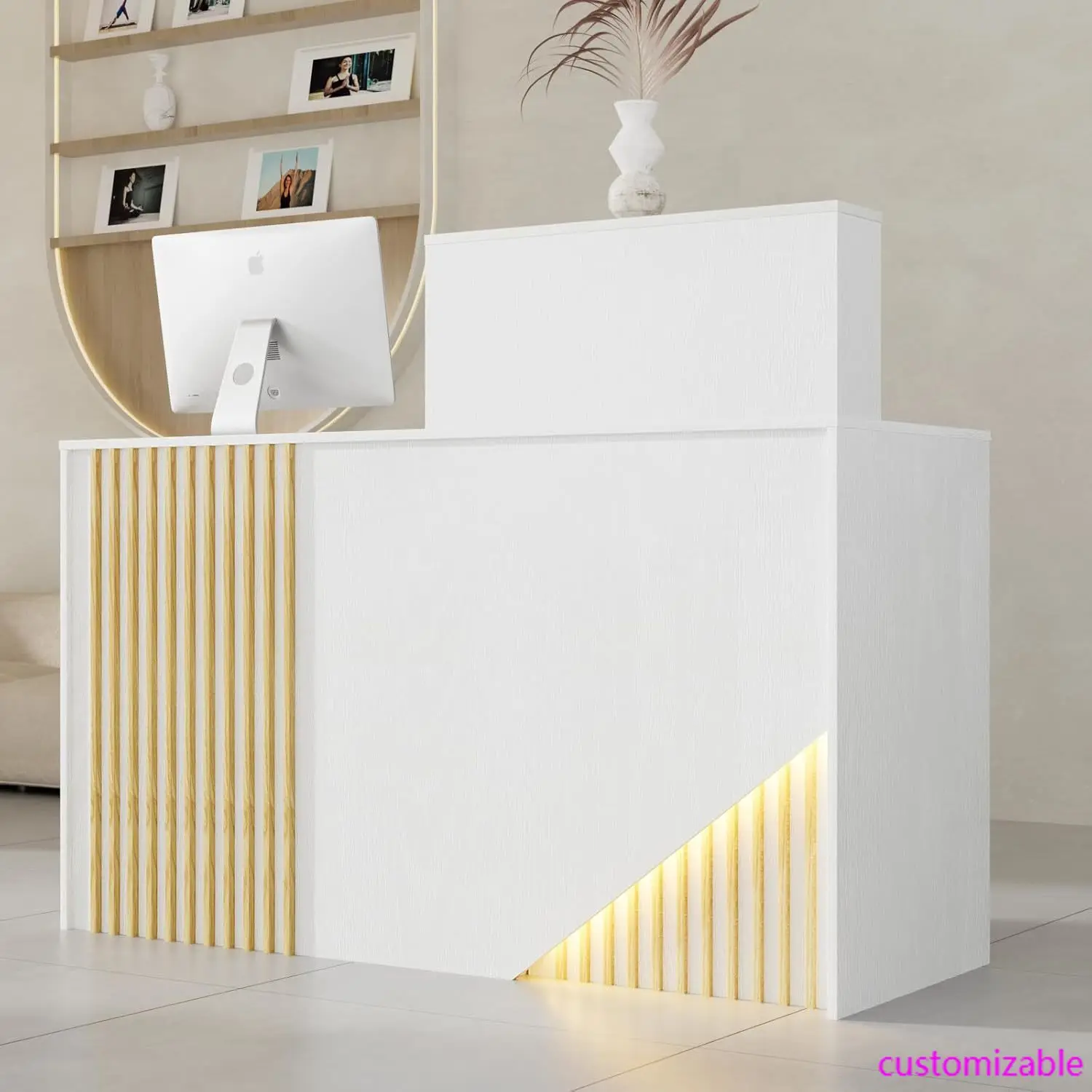 Kleiner moderner Empfangstresen mit LED-Beleuchtung, 39,4-Zoll-H-Bürotheke mit Schubladen, Sekretärin-Schreibtisch mit Steckdosen