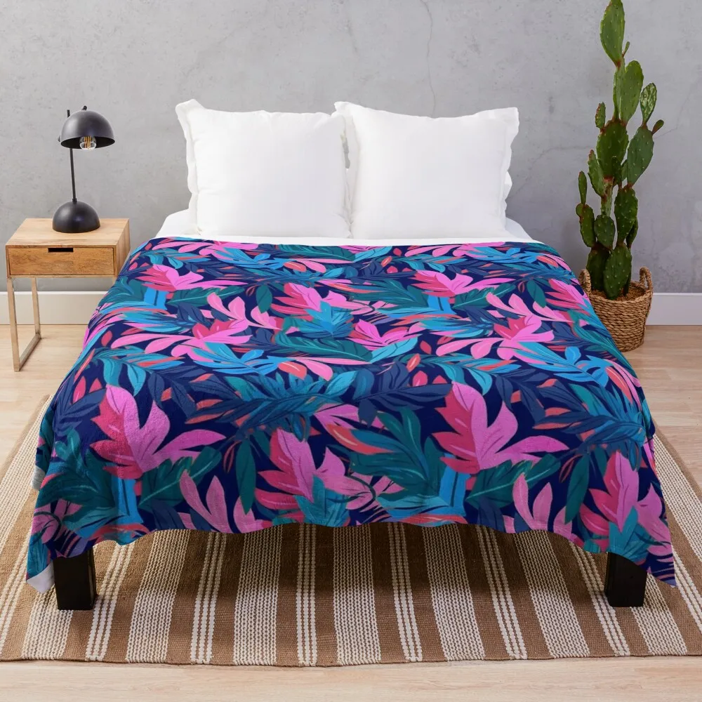 

Tropical leaves summer vibe pink blue Throw Blanket Warm Plaid on the sofa Custom Blankets