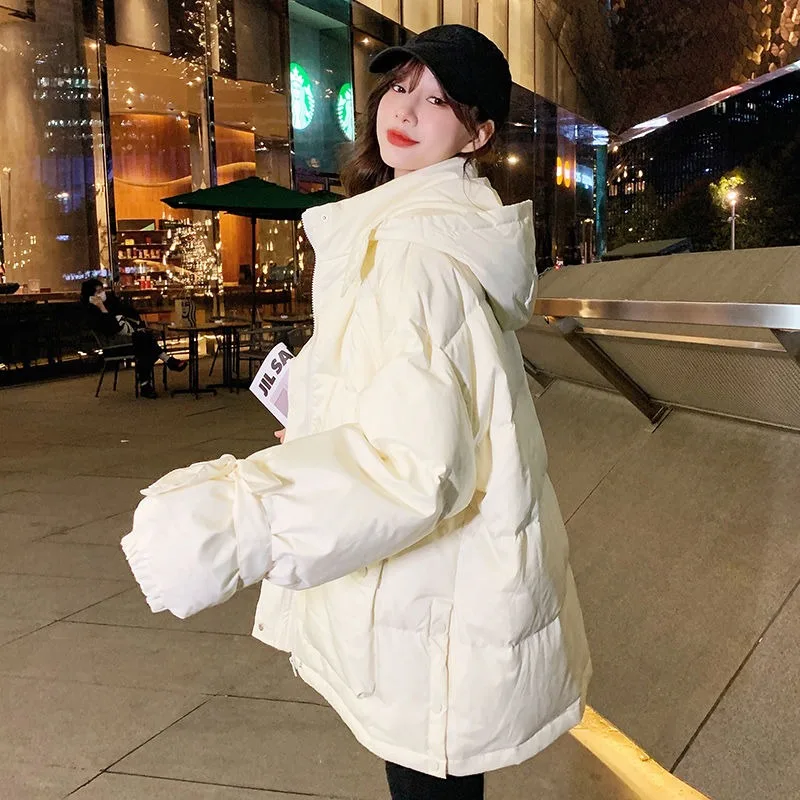 2023 New Women Down Cotton Coat Winter Jacket Female Short Bow Parkas Loose Thick Outwear Hooded Versatile Simplicity Overcoat