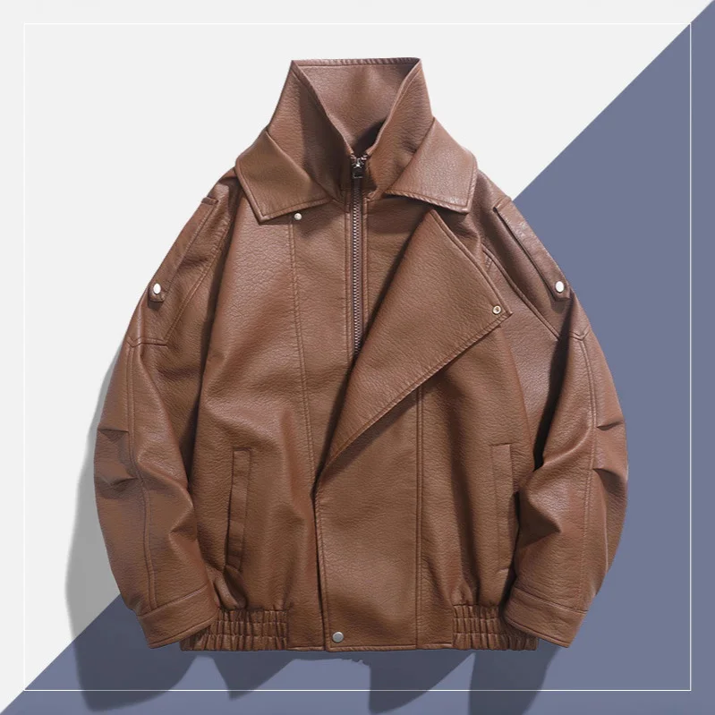 

Autumn Man Leather Jacket Motorcycle Punk Male Cargo Coat Turtleneck Long Sleeve Oversize Men Fake Two-piece Outerwear