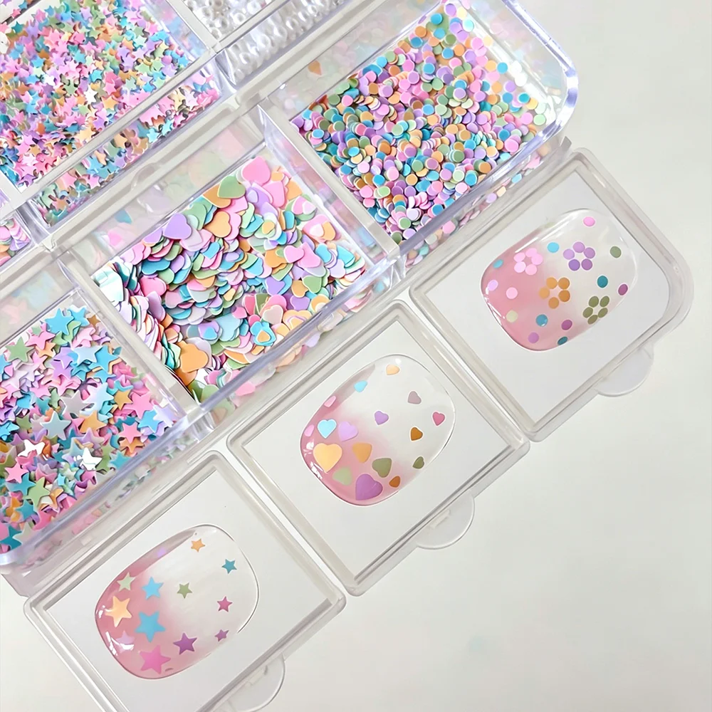1box Macaron Pink Blue Star Nail Sequin Mixed Size Heart Pentagram Glitter Powder Nail Art Accessories Polka Dot Sequins Tools