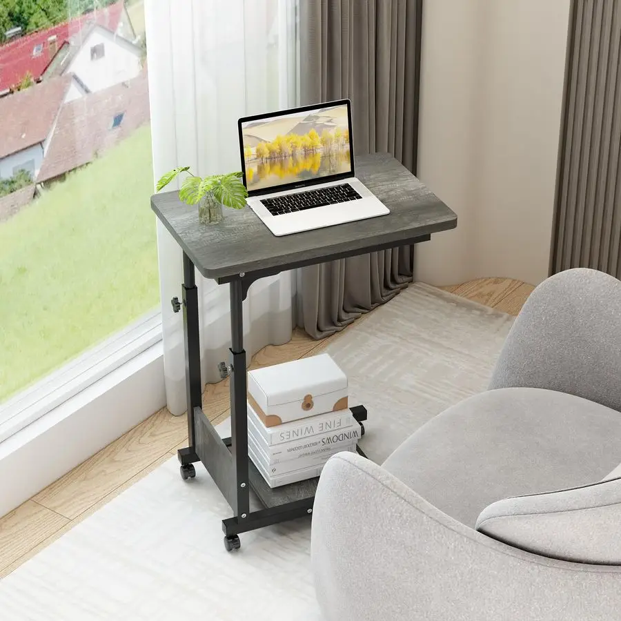 Adjustable Height C Table Sofa Side Bedside Table with Wheels, Hospital Bed Table Rolling Tray with Storage, Mobile Computer De
