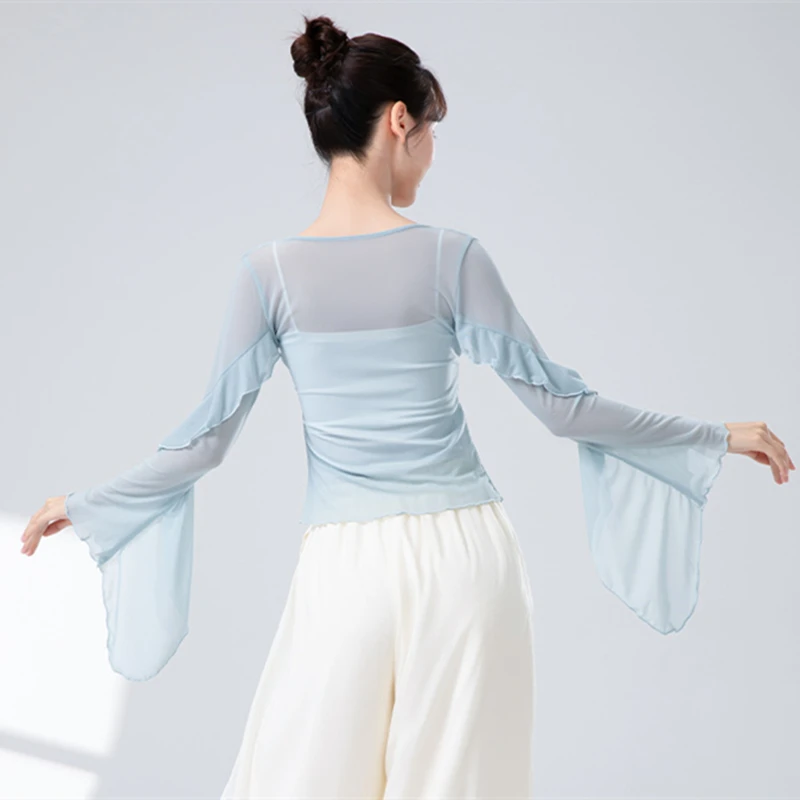 Classical Dance Gauze Mesh Top Women Flared Sleeve Sheer Shirt Training Flowy Body Rhyme Competition Tops Chinese Folk Dancewear