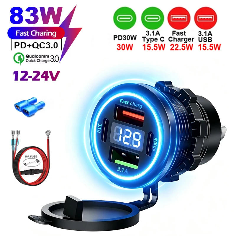 100W Car Charger Socket PD30WFast Charging Power Adapter Outlet with Voltmeter for 12/24V Motorcycle Boat RV ATV Camper Truck