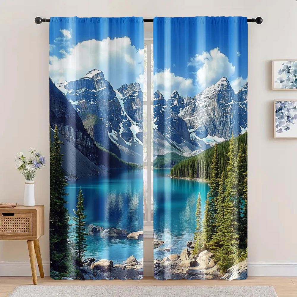 2pc,  Window Curtains Canadian Rocky Mountain Pine Forest Nature Versatile Polyester,Without Electricity Festive Backdrops for