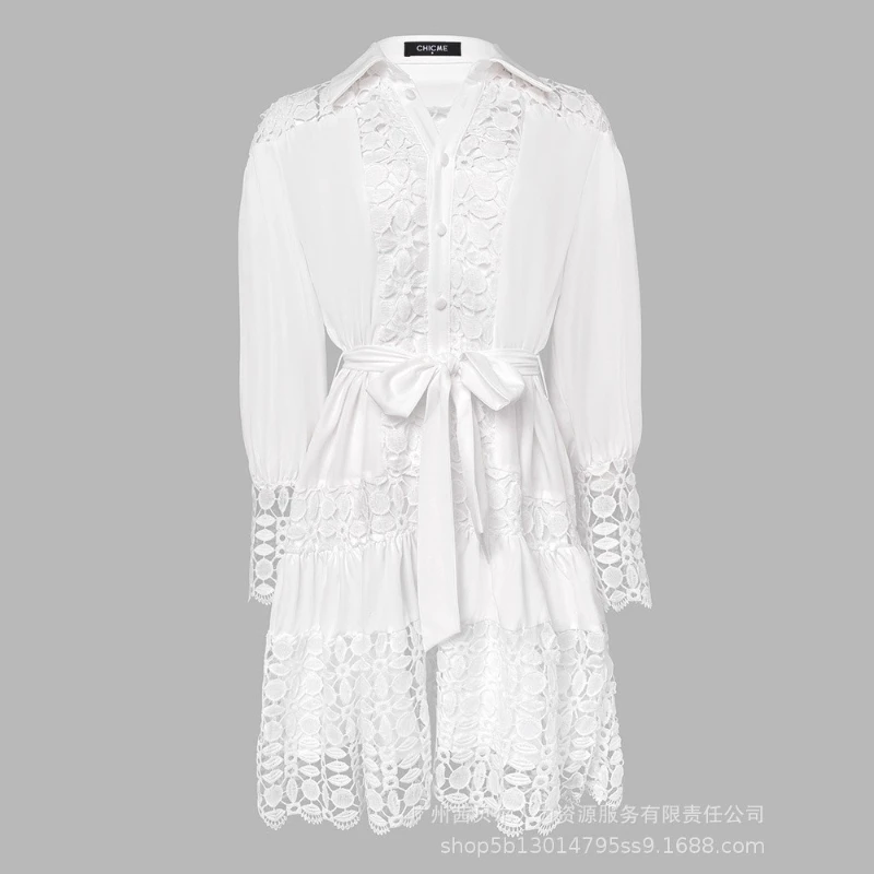 Mid Length Dress Women Shirts Dresses High Waist Vestidos Y2k Streetwear Full Sleeve Elegant White Party Night Work Hollow Out