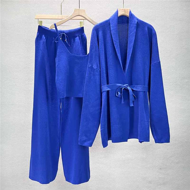 2023 Autumn Solid Knitted 3 Piece Sets Women Elegant Strapless Top and Long Pants Suit Long Cardigan Outfits