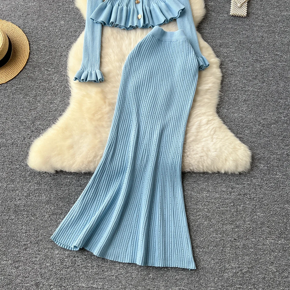 2024 Korean Gentle Slim Two Pieces Sets Women Single Breasted V-Neck Cardigan+High Waist Bodycon Mermaid Skirt Knitted Sets