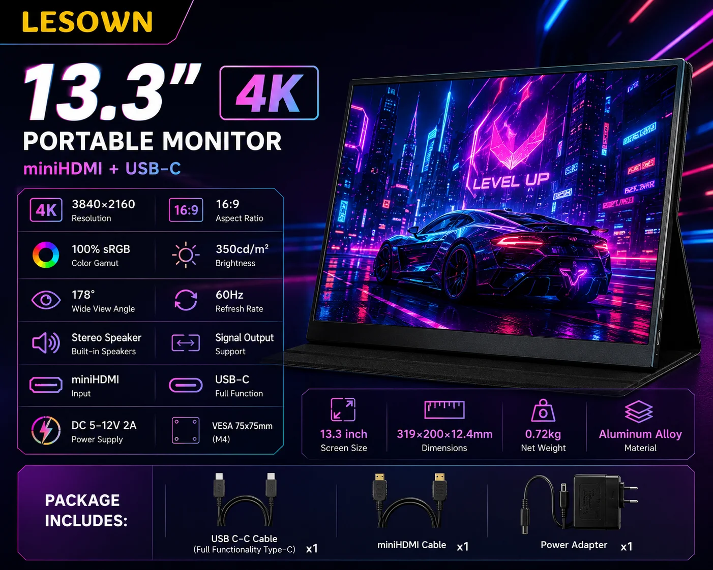 LESOWN 13.3" Portable Gaming Monitor Ultra HD Driver-free Dual Display with Mini HDTV for PS5