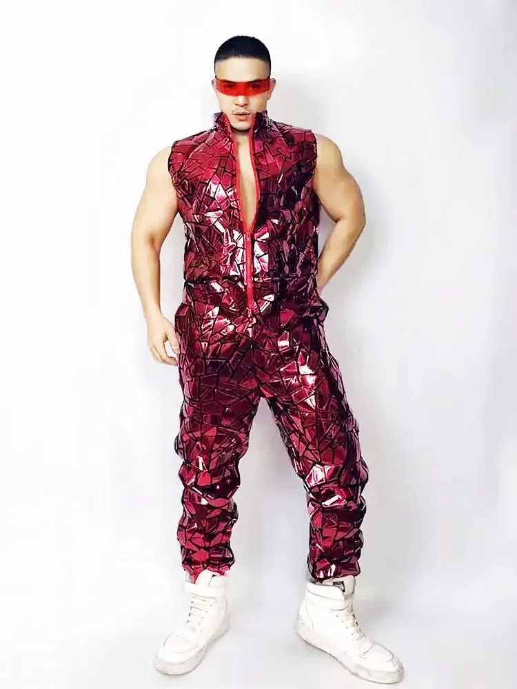 Red Laser Sequins Sleeveless Jumpsuit Mirror Overalls Men Singer Bar Nightclub Hip Hop Rock Dance Costume Band Stage Wear