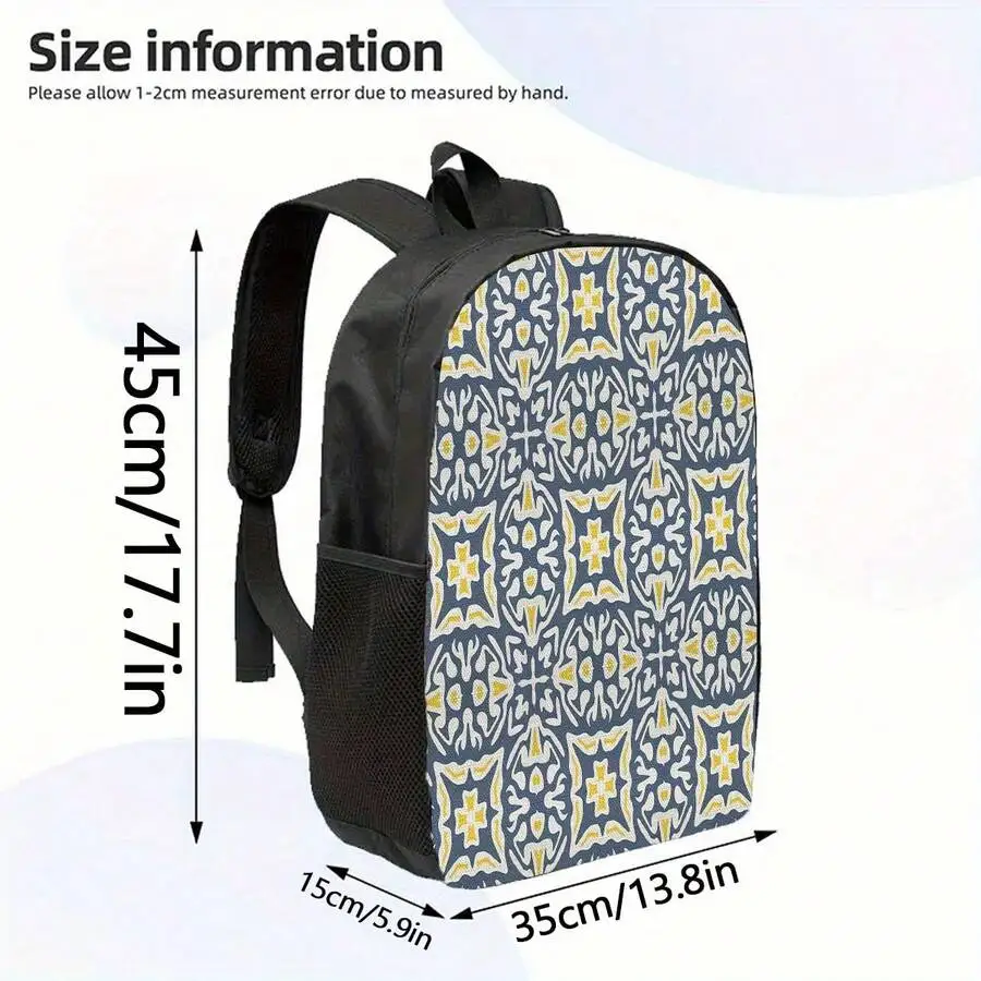 Batik Style Polyester Backpack With Water Bottle Holder, 17 Inch Casual Unisex Backpack For Daily Commute Travel