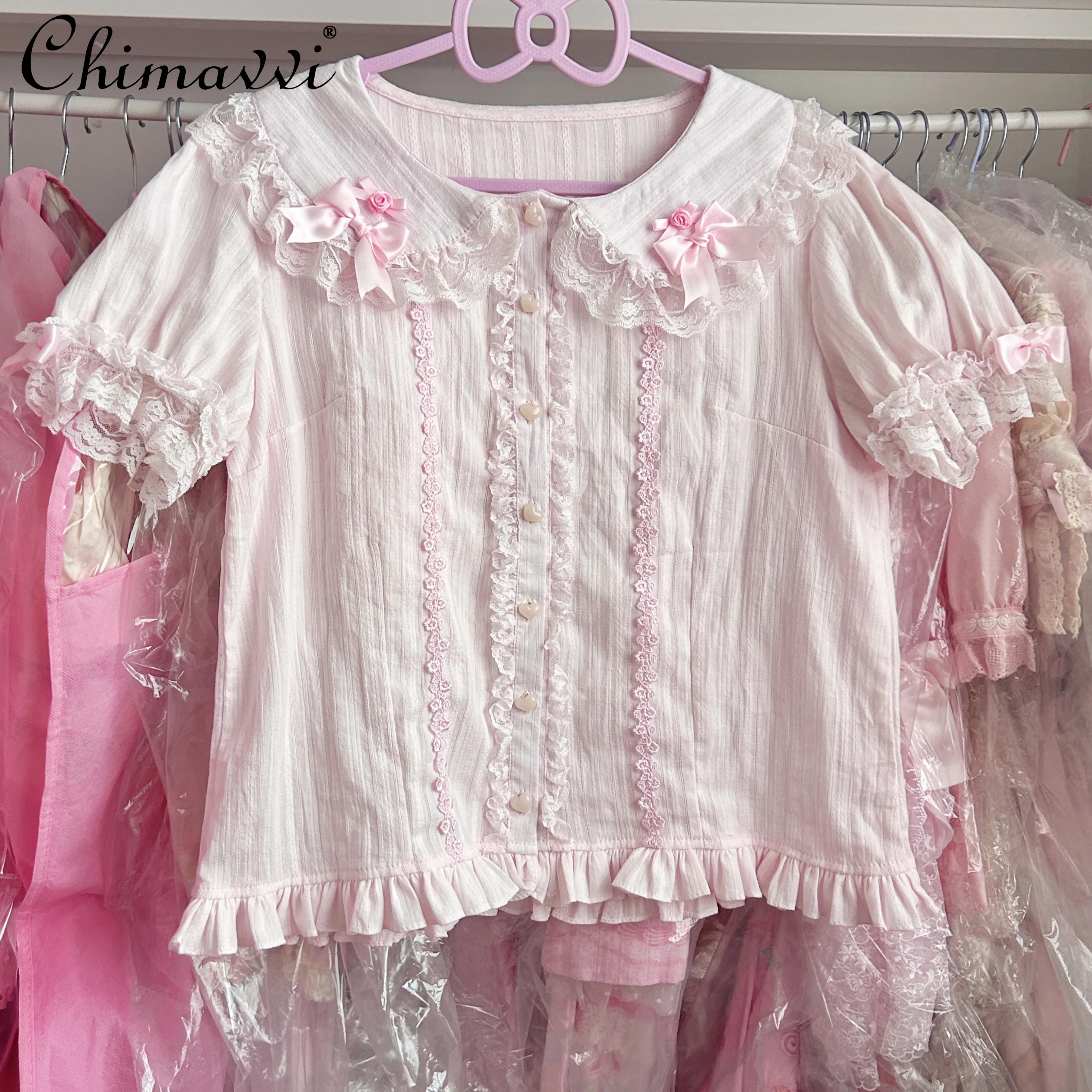 

Lolita Inner 3D Flower Doll Collar Lace Cute Shirt Summer New Sweet Girl Ladies Kawaii Short-sleeved Elegant Princess Shirt Top