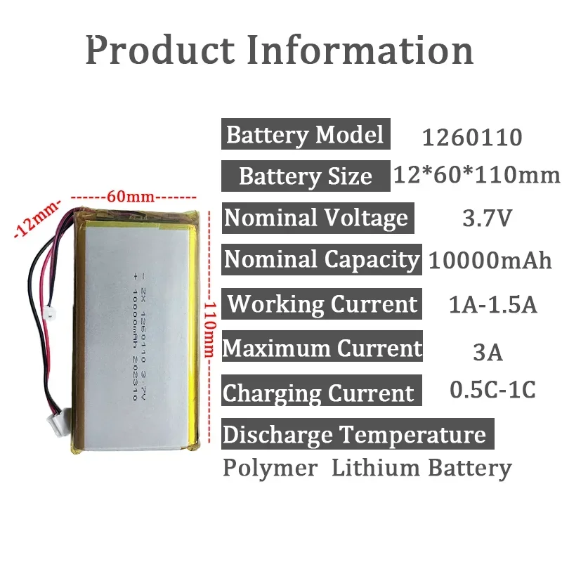 1260110 3.7V 10000mAh Rechargeable Polymer Batteries High Qulity  Lipo Li-Po for Toy Power Bank GPS Laptop Camping Lights Diy