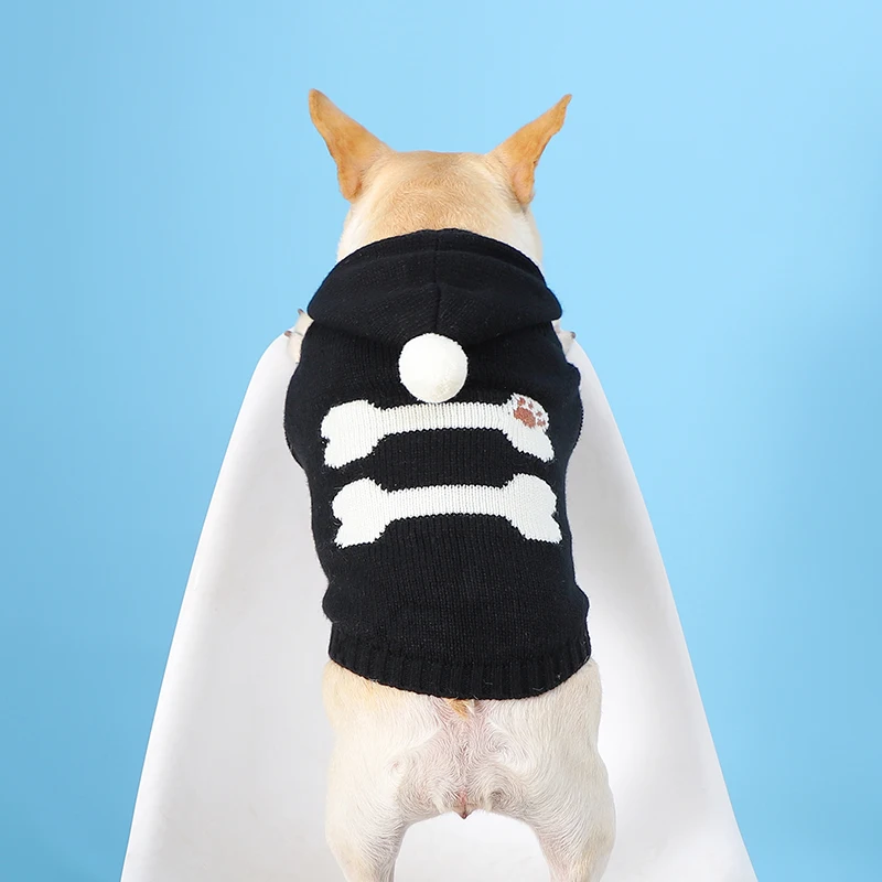 Dogs Sweater Hooded Knit Pets Cat Pullover Cute Cartoon Bones Chihuahua Pomeranian Bulldog Clothing Long Sleeve Comfortable Warm