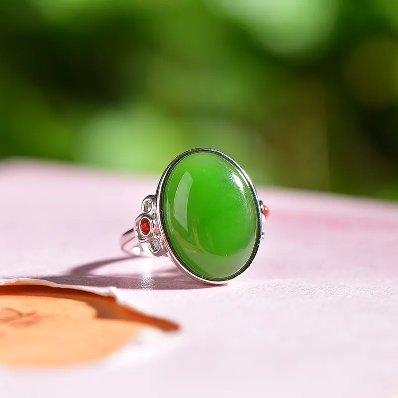S925 Silver Hetian Jade And Cabochon Paired With A Red Agate Ring, Vintage Inlaid Antique-Style Women