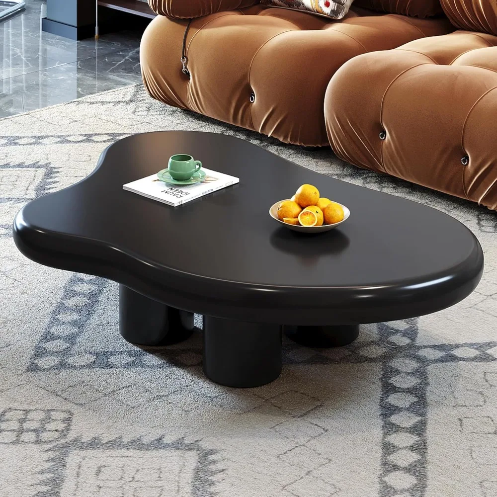 Glossy Black Coffee Table, 47" Round Edge Cloud Coffee Table with 4 Short Legs, Irregular Black End Table for Small Space