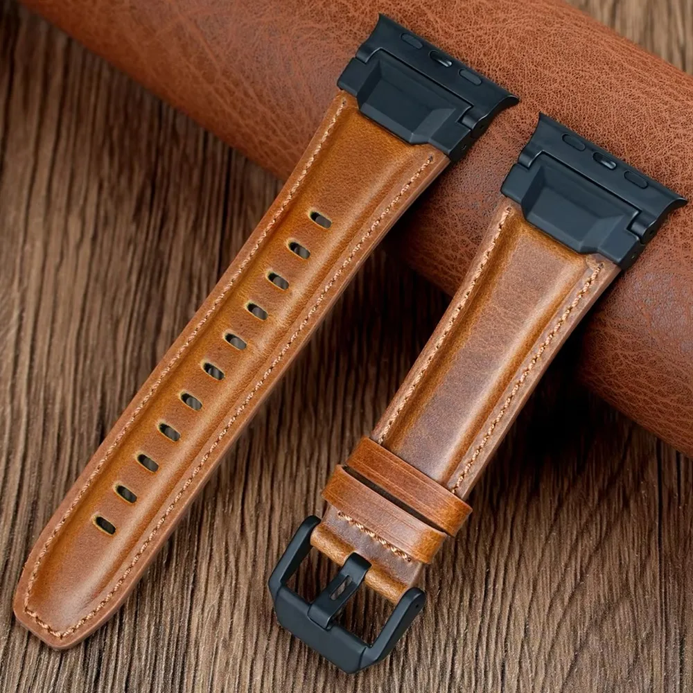 Armor Texture Genuine Leather Strap For Apple Watch Series 11 10 9 8 7 6 5 SE Ultra Fits 42-49mm Titanium Silver Black Buckle