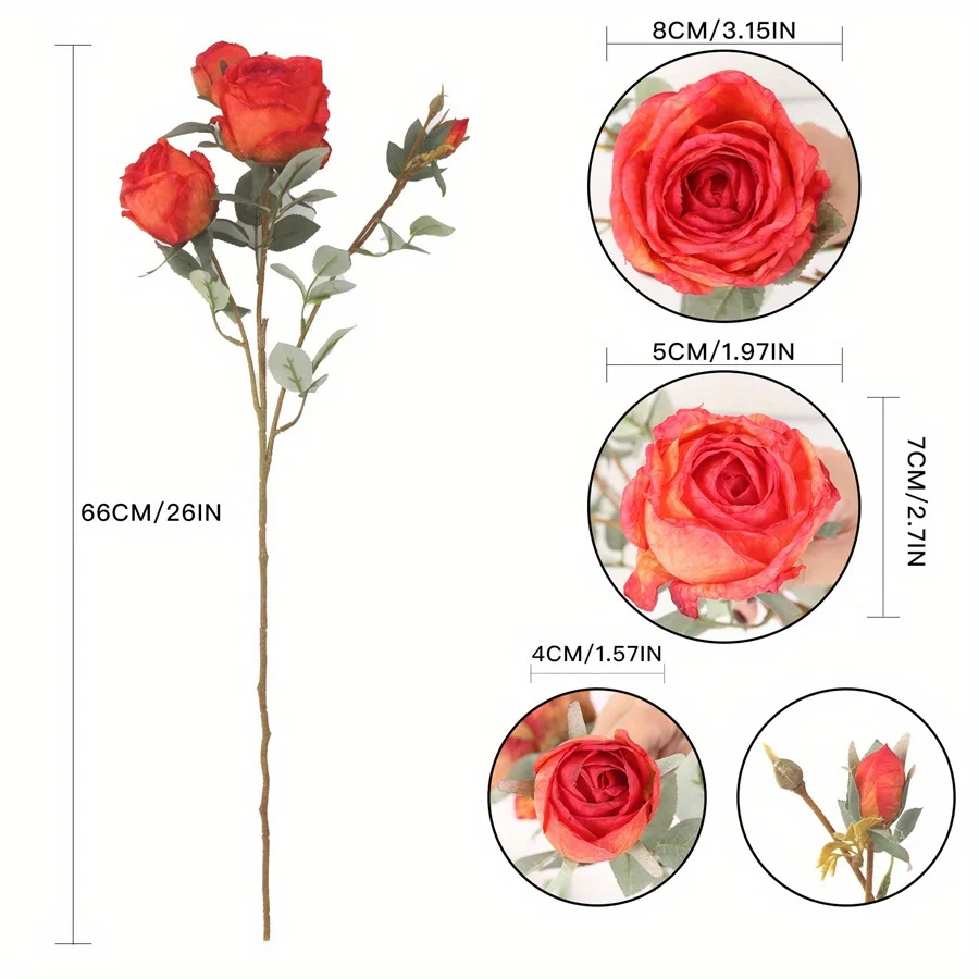 5Pcs 15 Heads 26 in Retro Oil Painting Fake Flower Burnt Edge Rose Bouquet Bride Holding Length Stems Flowers Soft Decoration Fl