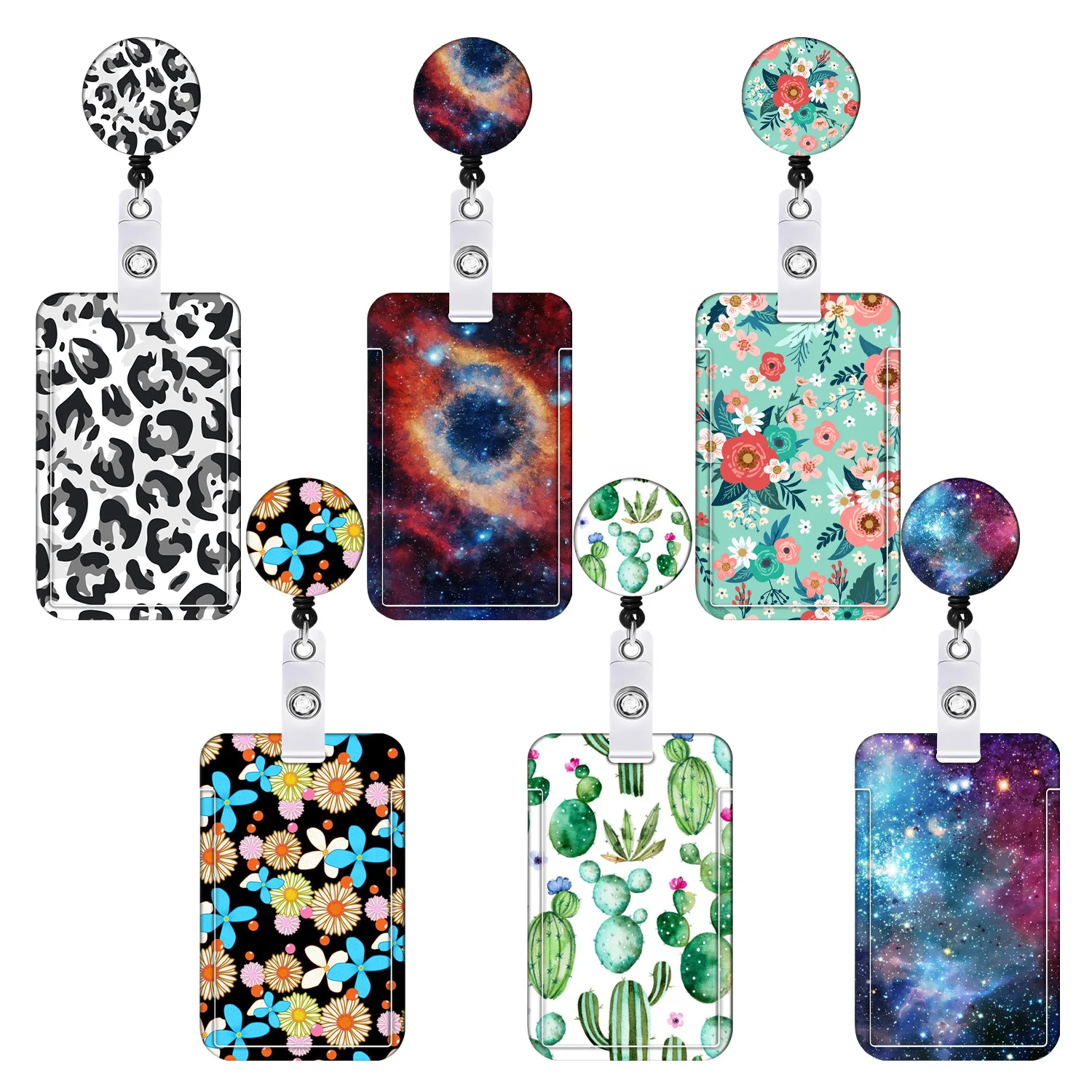 Floral Cactus Leopard Starry Sky Butterfly Printed Retractable Badge Reel, Colorful ID Card Holder with Lanyard