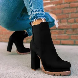 New Women Ankle Boots Flock Leopard Slip On Short Boots Women's High Heels Platform Autumn Shoes Ladies Booties Retro Plus 43