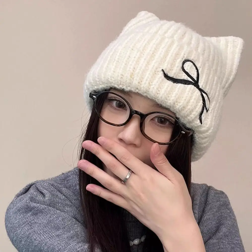 패션 단색 고양이 귀 비니 두꺼운 방풍 니트 울 모자 따뜻하게 유지하는 올매치 니트 스컬리 가을용