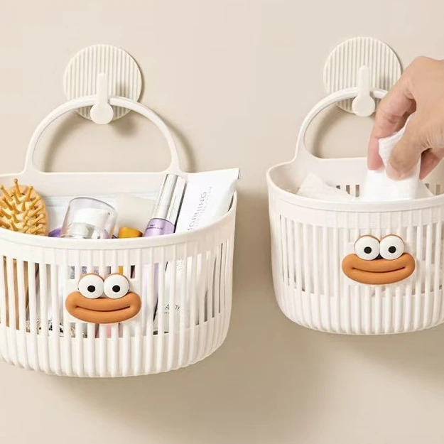 Cute Wall-mounted Storage Basket Multi-functional Kitchen Bathroom Toilet Small Hanging Basket No Punching Hole Hanging