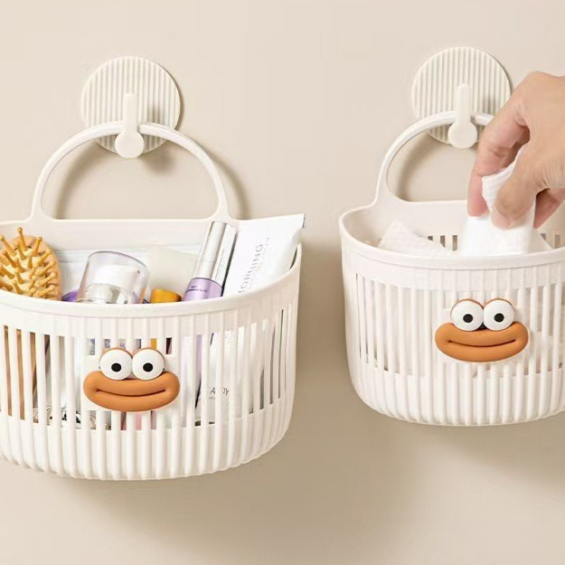  Cute Wall-mounted Storage Basket Multi-functional Kitchen Bathroom Toilet Small Hanging Basket No Punching Hole Hanging 
