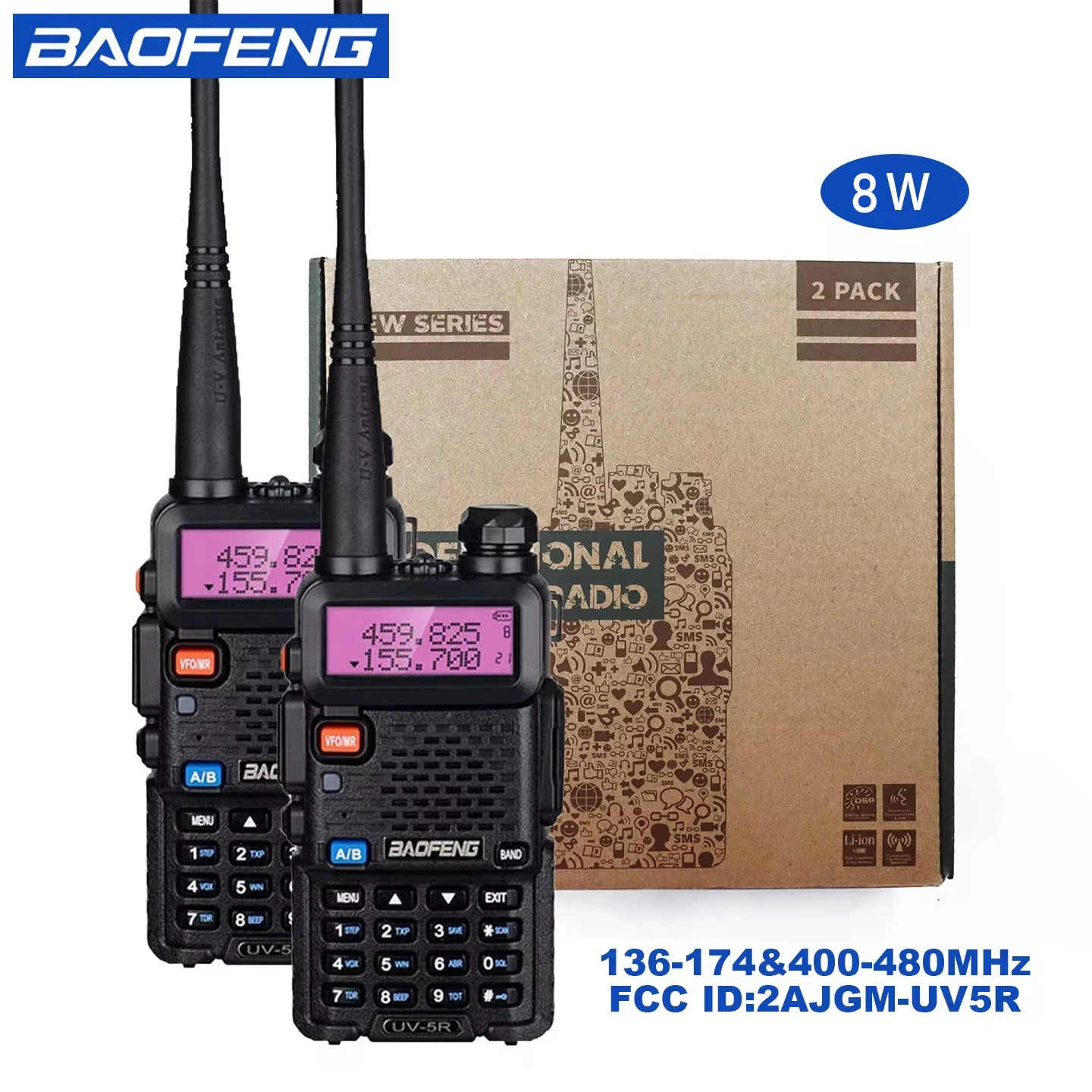 2 stks BAOFENG UV-5R 5 W 8 W High Power Dual Band Twee Manier Radio Lange Afstand Handheld Draagbare Walkies Talkies Voor Jacht