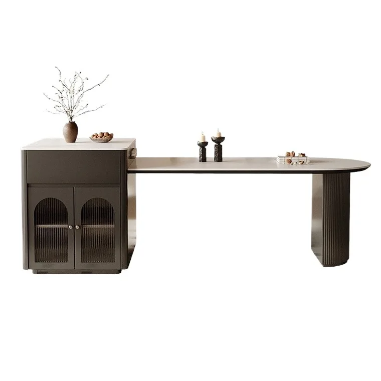 

French style, medieval style, divided rock slab island, dining table, integrated, retractable