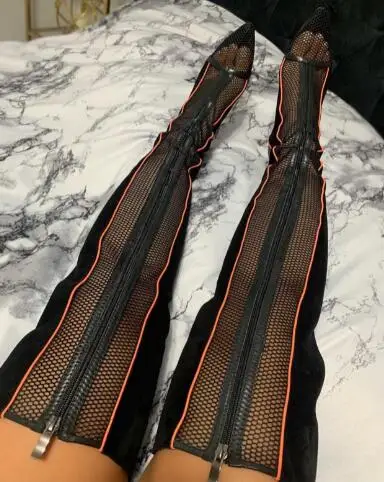 

Orange Line Black Suede Leather Air Mesh Patchwork Pointed Toe Zipper Front Thin Heels Over The Knee Boots Women Sexy Slim Boots