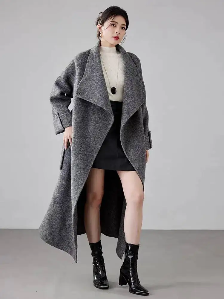 Fashion 70s Worsted Gray Double Side Woolen Coat Women's Big Lapel Loose Sashes Long Sleeves Blends Overcoat Autum I7ON