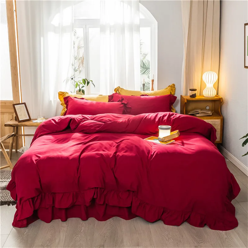 Solid Color Ruffled White Duvet Cover Bed sheet Pillowcase Queen Twin King Washed Microfiber 3/4Pcs Bedding Sets Soft Breathable