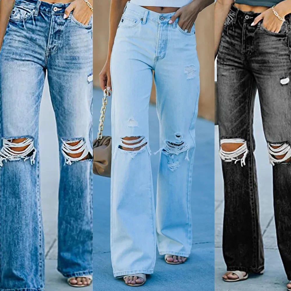 

Ladies Europe and America Summer New High-waisted Temperament Washed Holes Casual Denim Pants Baggy Jeans Women