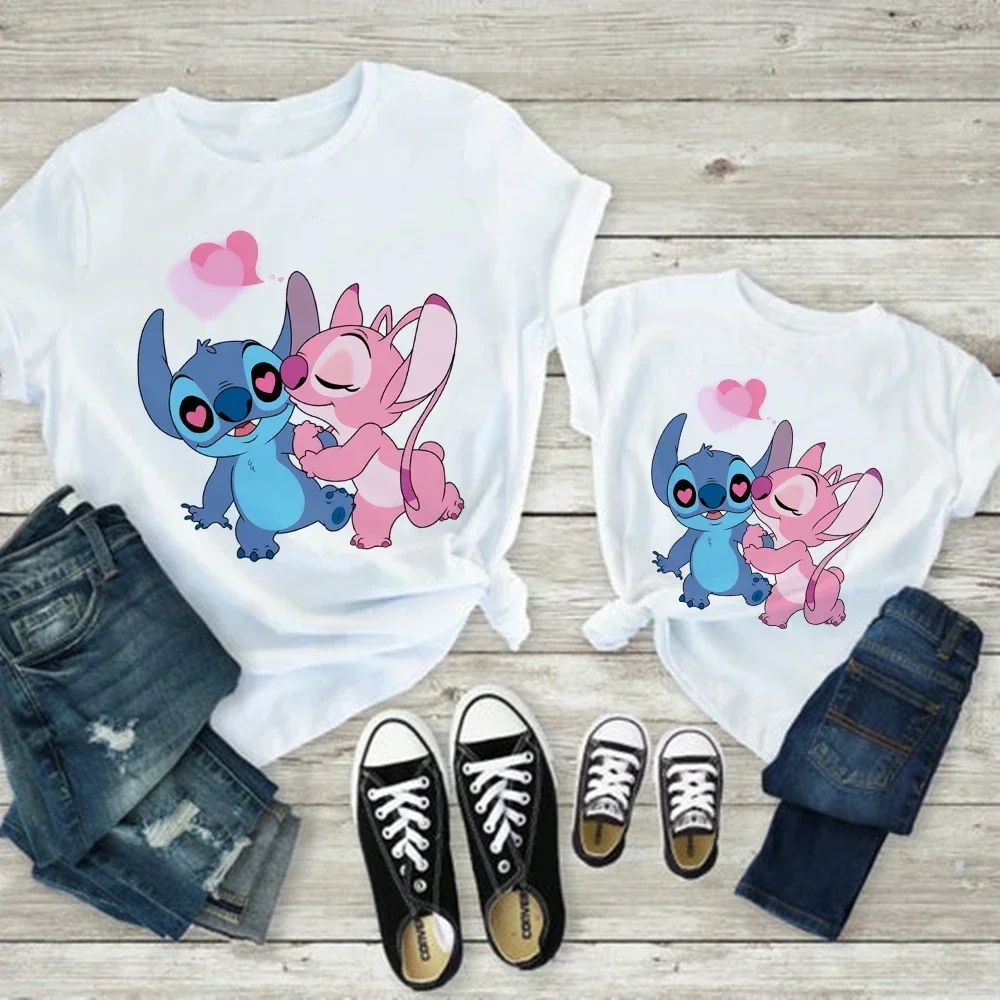 Disney T Shirt Childern Summer Sweet Style Soft Girl Aesthetic Family Matching Cute Stitch Print Clothes Mom and Daughter Equal