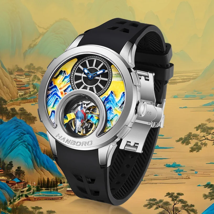 HANBORO Men Automatic Watch 43.6mm Mechanical Wristwatch Luminous Enamel Carved Painted Mountain Skeleton Rotatable Bird Dial