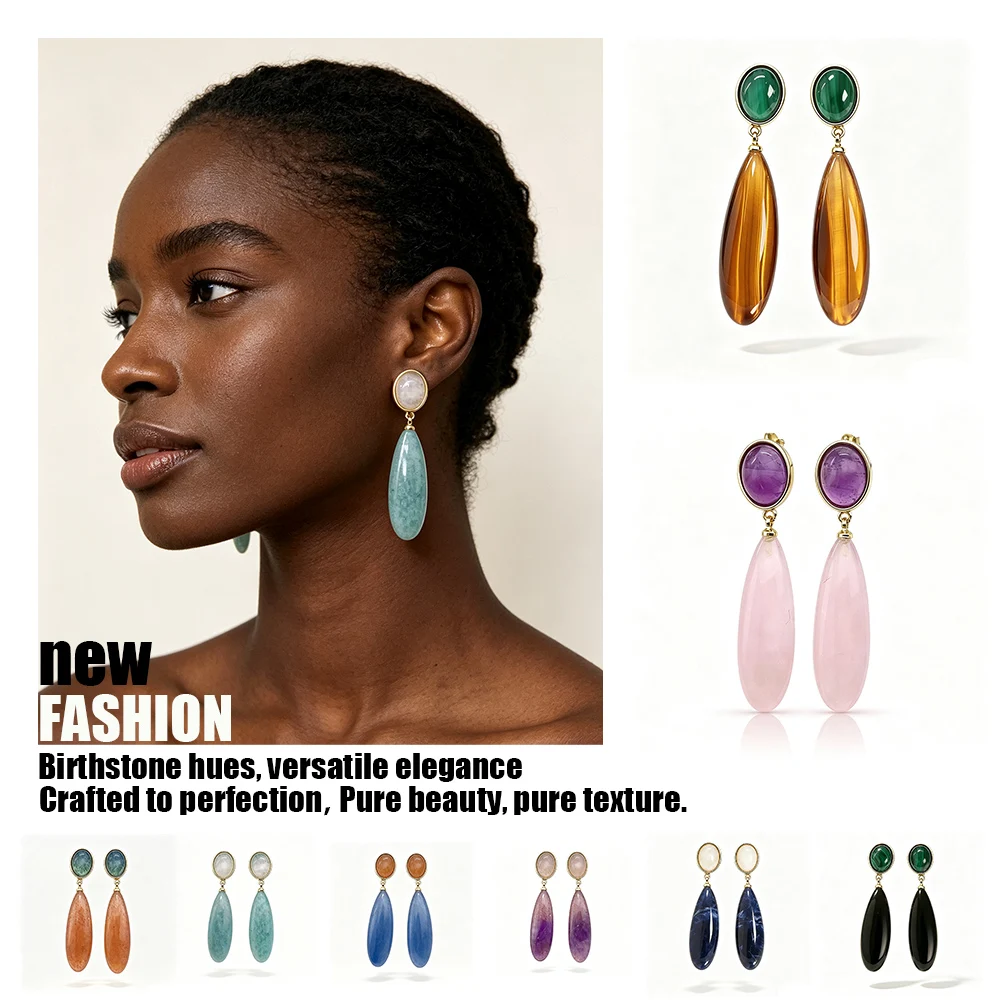 SHINYGEM Pendant 925 Sterling Silver Women Natural Stone Strawberry Crystal Amazonite Obsidian Tiger Eye Gem Earrings