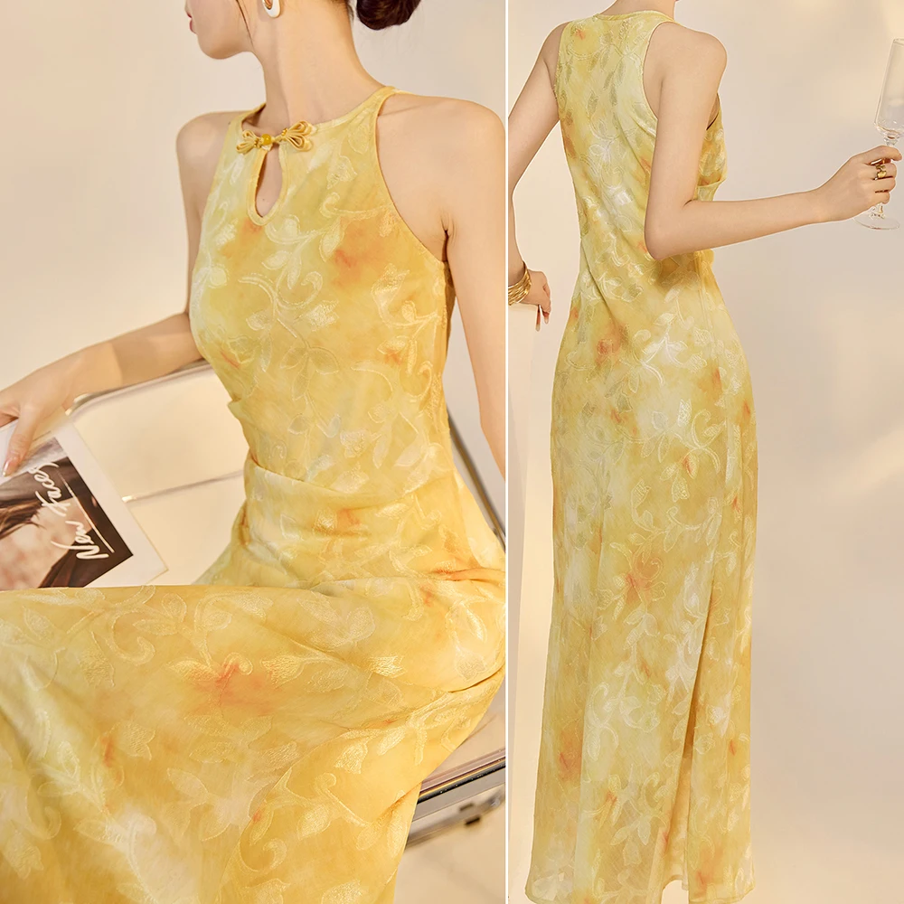

New Chinese Style Improved Qipao Long Dress Sexy Sleeveless Slim Cheongsam Luxury Jacquard Traditional Oriental Costume Vestidos