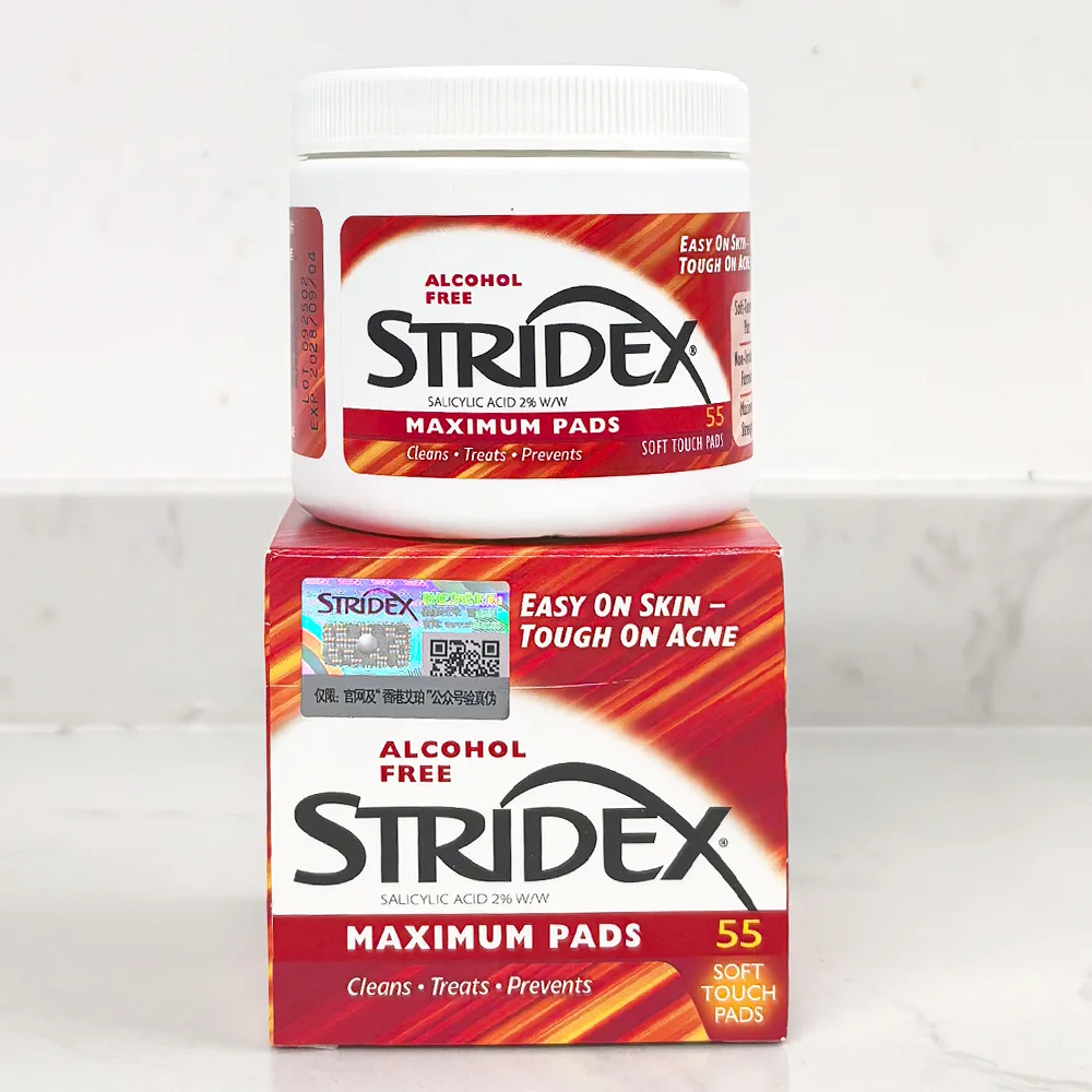 Stridex Cuscinetti per l'acne senza alcol di massima resistenza, 55 cuscinetti soft touch, combatte l'acne e i punti neri, puliscono i pori, passo singolo