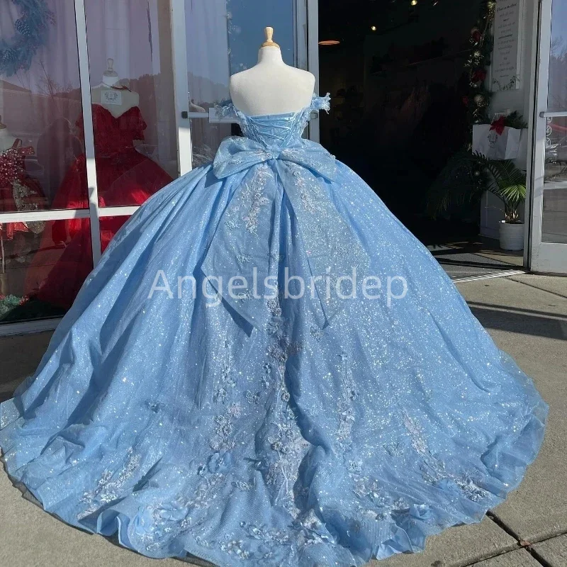 Angelsbridep Blingbling Tulle 3D Flora Sky Blue Ball Gown 15 Quinceanera Dresses Brithday Prom Party Vestidos De Fiesta