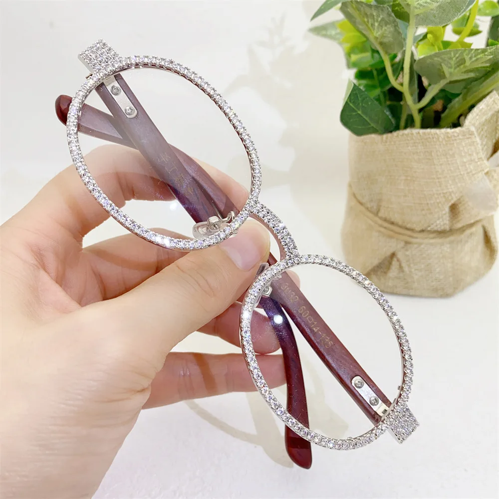 Hiphop Iced Out Zircon Sunglasses No Lenses for Women Men Bling Cubic Zirconia Wood Body Glasses Luxuries Birthday Party Gift