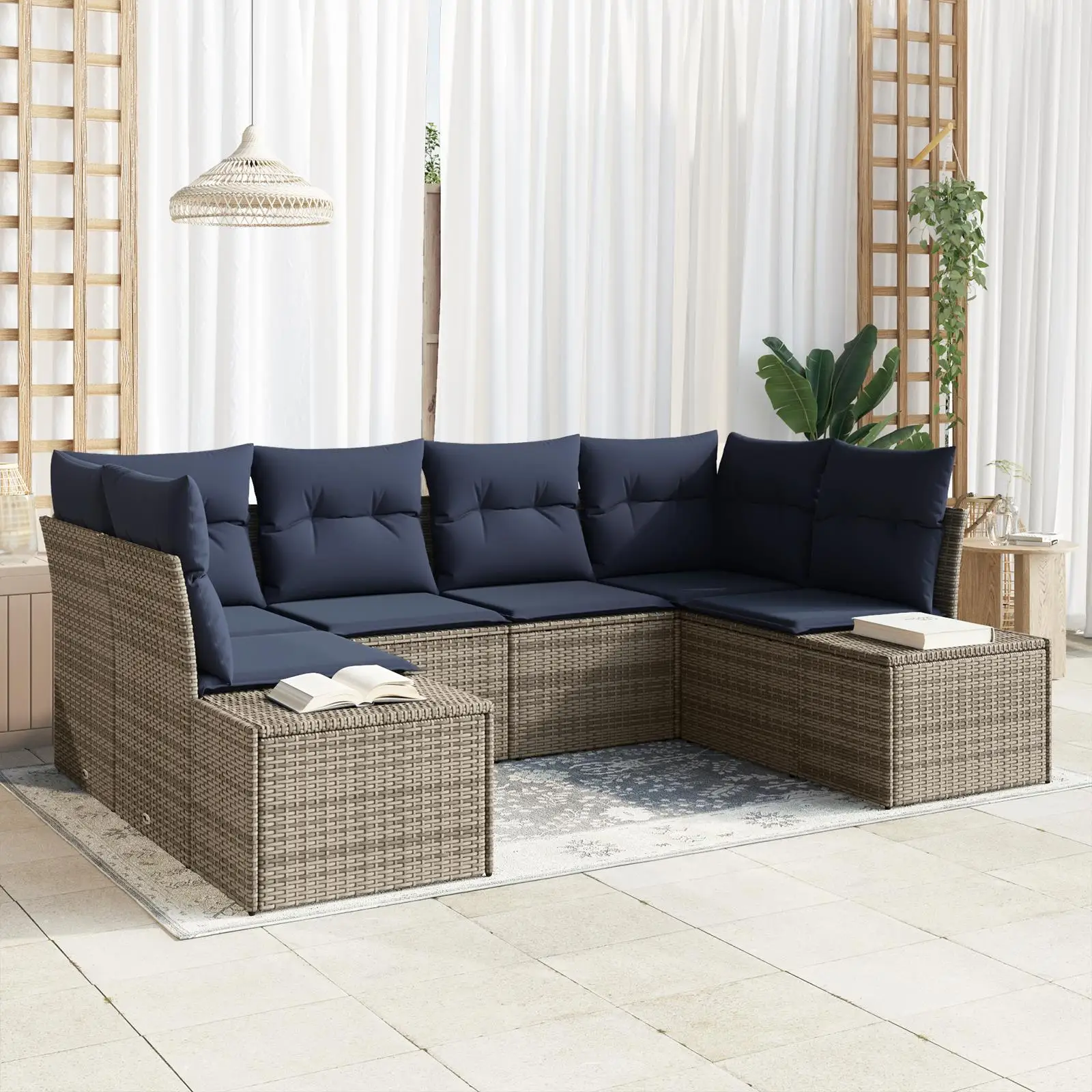 

6 Piece Outdoor Garden Sofa Set with Cushions Gray Wicker Rattan Furniture Suite