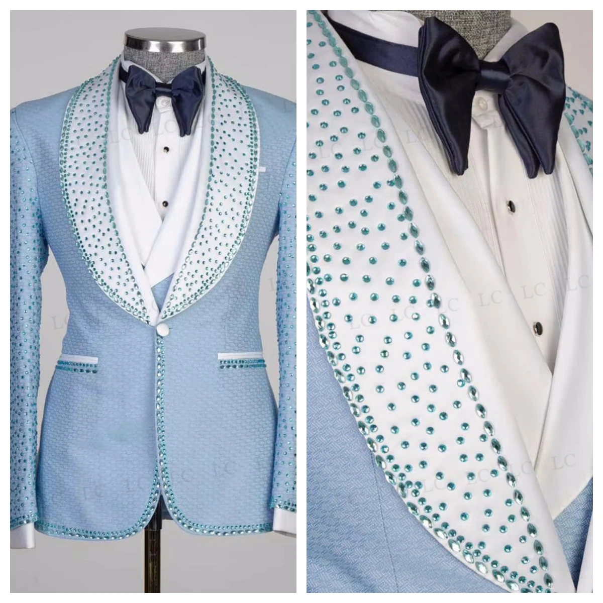 

2 Pieces Men Suits Beads Diamonds Tuxedo Blazer Vest One Button Floral Jacquard Slim Formal Prom Wedding Groom Custom Plus Size