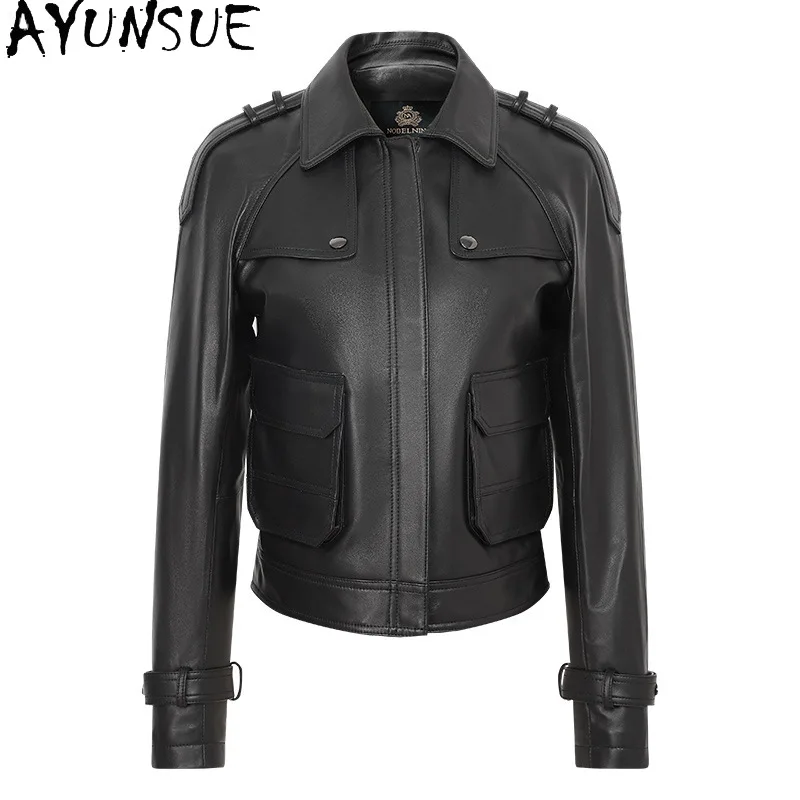 AYUNSUE Echtlederjacke Damen 2025, echter Schaffellmantel, Motorradjacken, Frühling und Herbst, Damenbekleidung, neu in Oberbekleidung