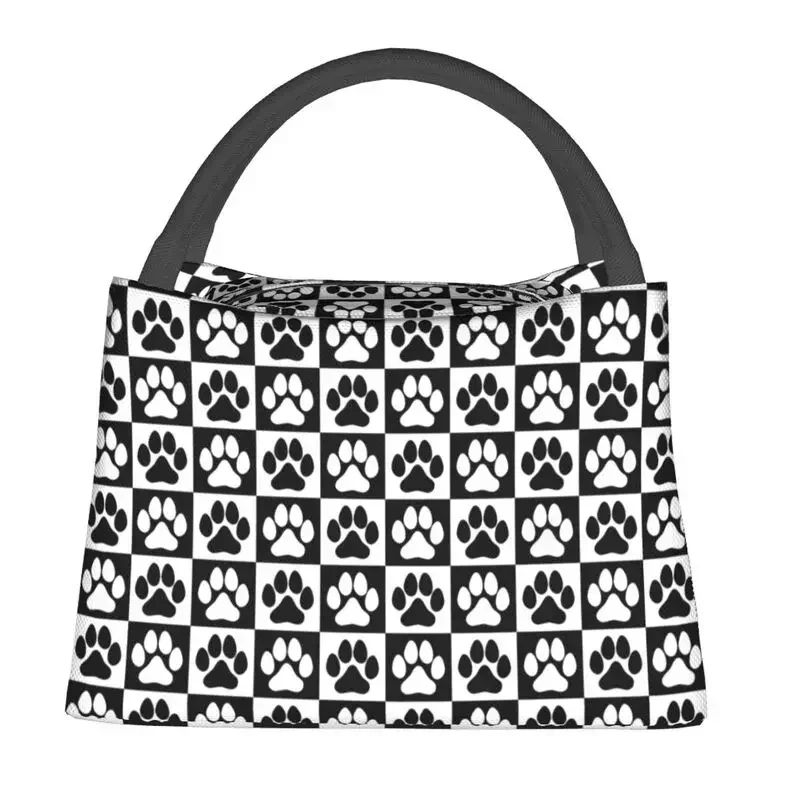 Cats Footprint Checkerboard Insulated Lunch Tote Bag for Women Checkered Cooler Thermal Bento Box Outdoor Camping Travel