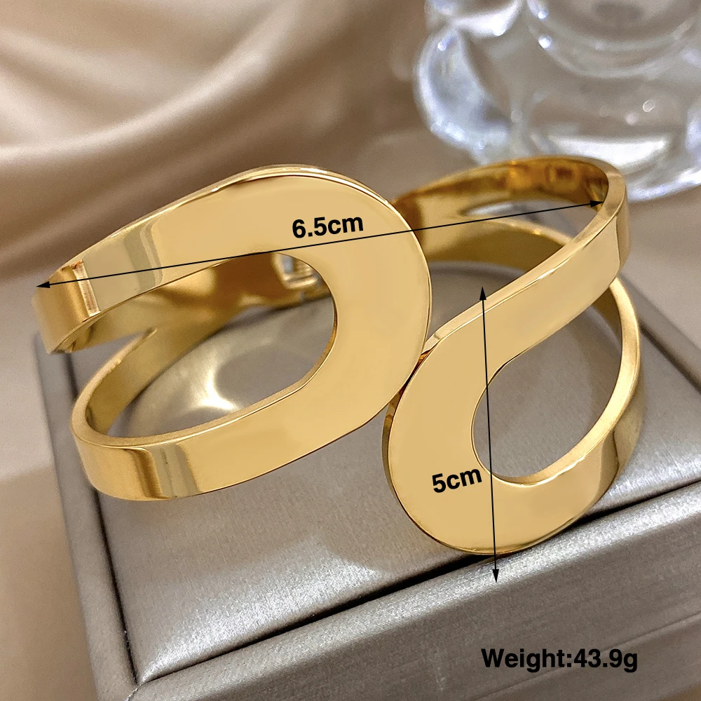 Greatera Chunky Glossy Two Tone Stainless Steel Cuff Bracelet Bangles for Women Hollow Geometric Bracelets Waterproof Jewelry