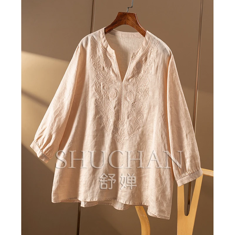 Exquisite Embroidery, French High Quality Linen Loose Crew Neck Blouse Women 7W07  Women Tops