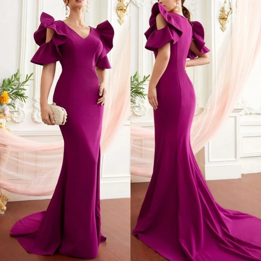 Elegant Jersey Pleat Mermaid V-neck Long Dresses Evening Dresses Classic Exquisite Modern Style Pastrol Unisex Chinese Style