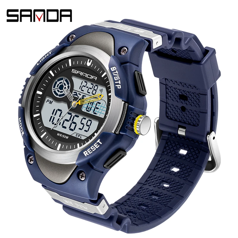 SANDA Mens Electronic Watch Mens Dual Display Clock Business Male Watches 50M Waterproof Men Wrist For G style Relogio Masculino