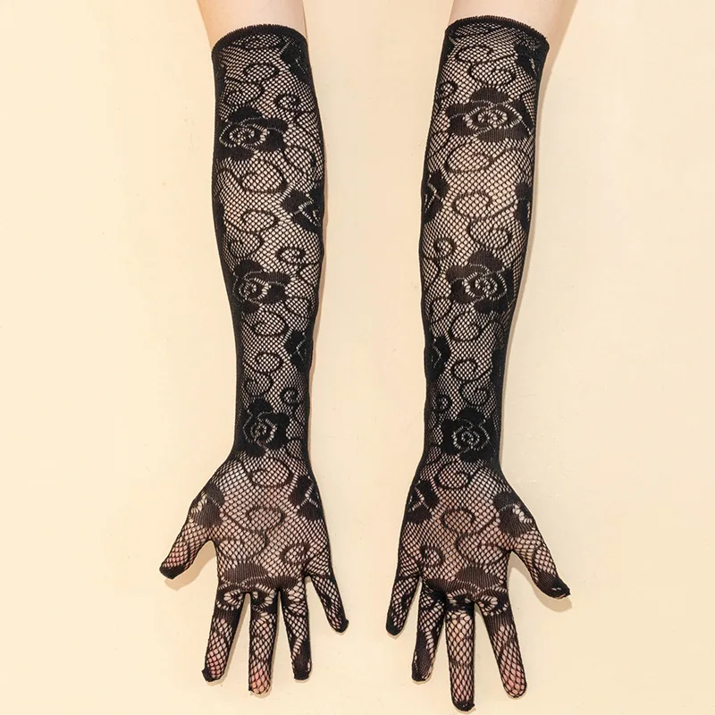 Fashion Women Hollow Fishing Net Pole Dancing Long Gloves Cosplay Gothic Punk Sexy Mesh Personality Nightclub Stage Performance